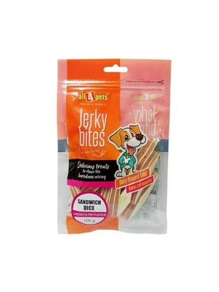 All4pets Jerky Bites – Sandwich Dice Chicken & Fish Flavor 100gm (Pack Of 3x100gm)